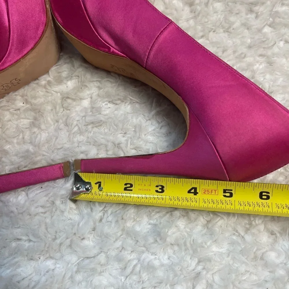 Pour La Victoire Satin Hot pink slip on platform heels peep toe SZ9.5
